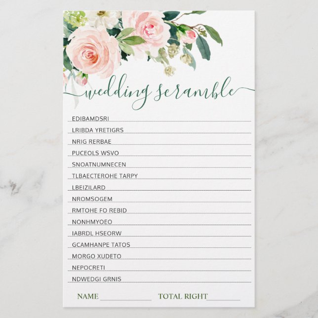 Roze Blush Bloemen Bruidsfeest Scramble Spel