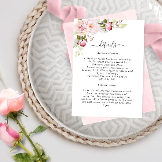 Roze, Blush Bloemen Bruiloft Details Receptie Informatiekaartje