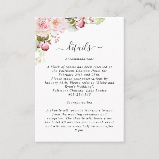 Roze, Blush Bloemen Bruiloft Details Receptie Informatiekaartje (Voorkant)