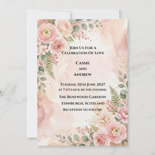 Roze Blush Bloemen Bruiloft Kaart (Voorkant)
