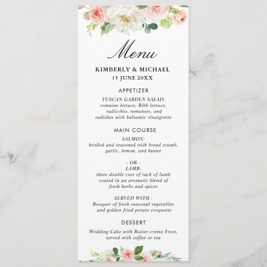 Roze Blush Bloemen Bruiloft Menu (Voorkant)