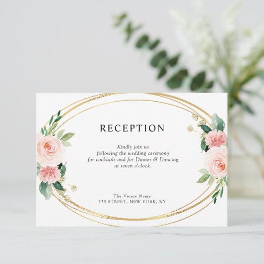 Roze Blush Bloemen Bruiloft Receptie Kaart (Staand voorkant)