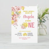 Roze Blush Bloemen Citroen Sweet One Eerste Verjaa Kaart (Staand voorkant)