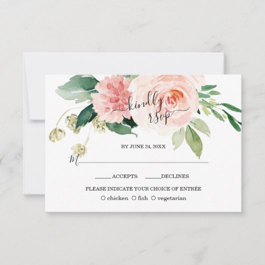 Roze Blush Bloemen Deep Aqua Calligraphy Wedding RSVP Kaartje (Voorkant)