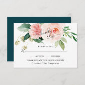 Roze Blush Bloemen Deep Aqua Calligraphy Wedding RSVP Kaartje (Voorkant / Achterkant)