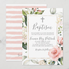 Roze Blush Bloemen Doop Uitnodiging