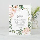 Roze Blush Bloemen Doop Uitnodiging (Staand voorkant)