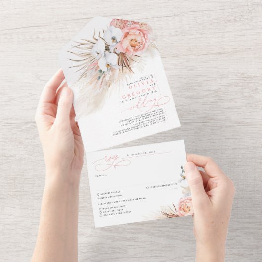 Roze Blush Bloemen en Pampas Grass Exotische Bruil All In One Uitnodiging (Afscheurbaar)
