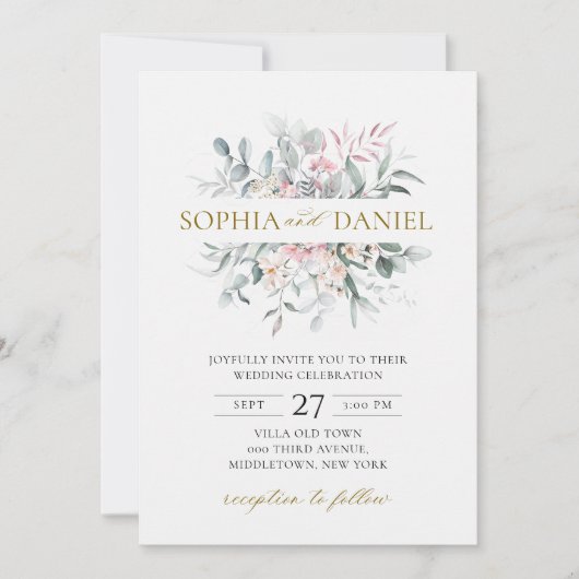 Roze Blush Bloemen Eucalyptus Botanische Huwelijk Kaart (Voorkant)