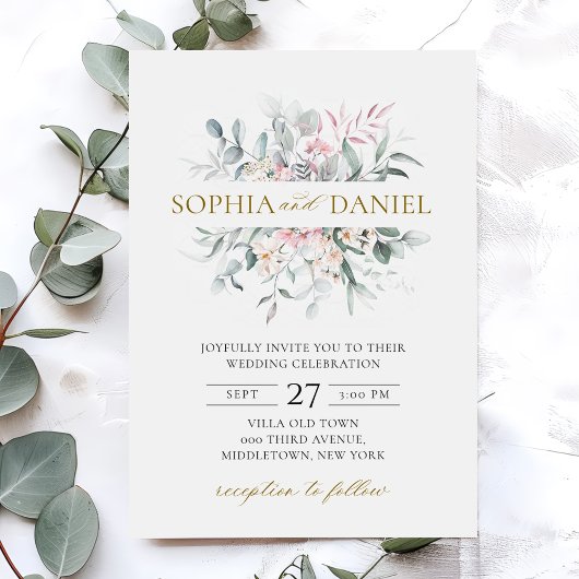 Roze Blush Bloemen Eucalyptus Botanische Huwelijk Kaart