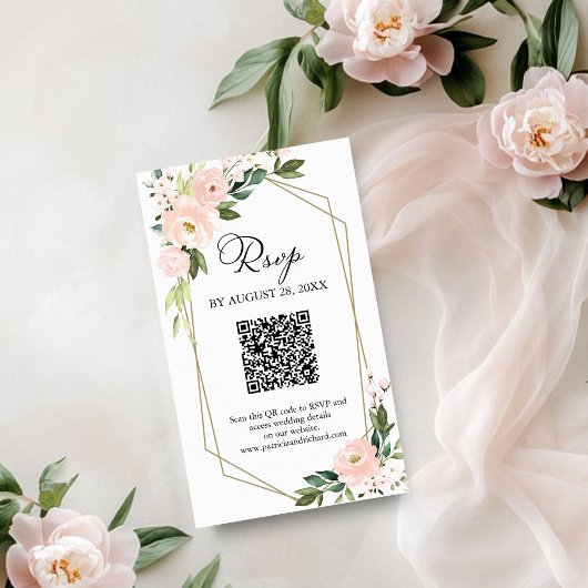 Roze Blush Bloemen Geometrische bruiloft QR RSVP Informatiekaartje