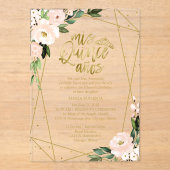Roze Blush Bloemen Geometrische Quinceañera Acryl Uitnodigingen (Voorkant)
