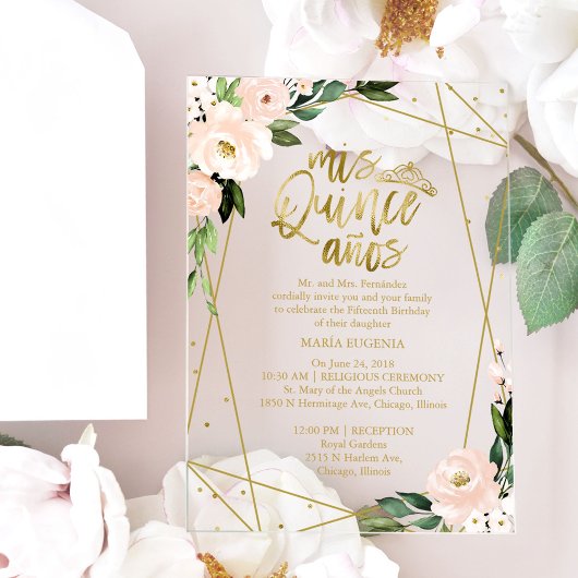 Roze Blush Bloemen Geometrische Quinceañera Acryl Uitnodigingen