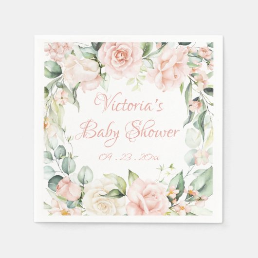Roze Blush Bloemen Gepersonaliseerd Baby shower Servet (Voorkant)