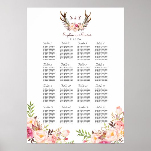 Roze Blush Bloemen gewei Trouwstoel Grafiek Poster (Voorkant)