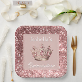 Roze Blush Bloemen Glitter Tiara Kroon Quinceañera Papieren Bordje