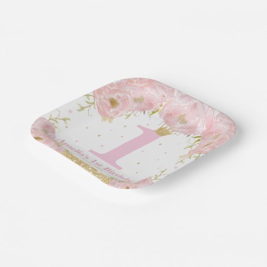 Roze Blush Bloemen Goud 1e verjaardag Meisje Prins Papieren Bordje (Gebogen)