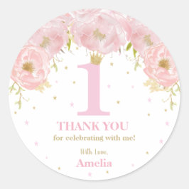 Roze Blush Bloemen Goud 1e verjaardag Meisje Prins Ronde Sticker