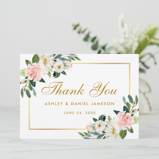 Roze Blush Bloemen Goud Bruiloft Dank u Bedankkaart (Staand voorkant)