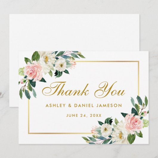 Roze Blush Bloemen Goud Bruiloft Dank u Bedankkaart (Voorkant / Achterkant)