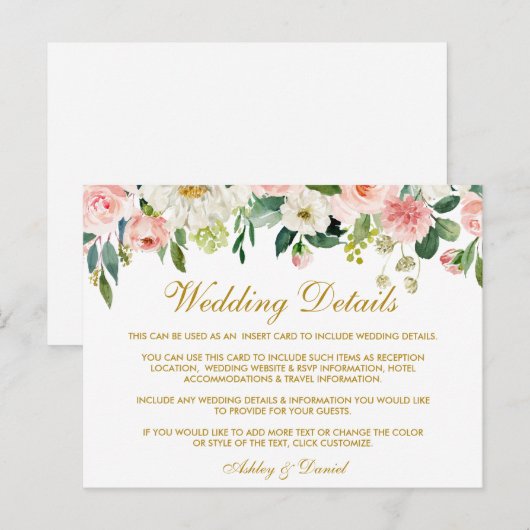 Roze Blush Bloemen Goud Bruiloft Details Invoegen Briefkaart (Voorkant / Achterkant)