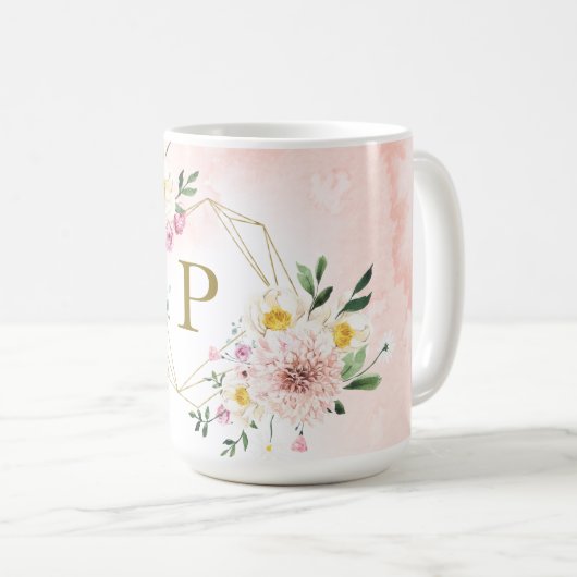 Roze Blush Bloemen Goud Geometrisch Monogram Koffiemok (Voorkant rechts)