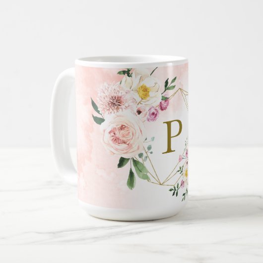 Roze Blush Bloemen Goud Geometrisch Monogram Koffiemok (Voorkant links)