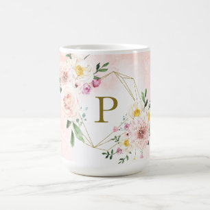 Roze Blush Bloemen Goud Geometrisch Monogram Koffiemok
