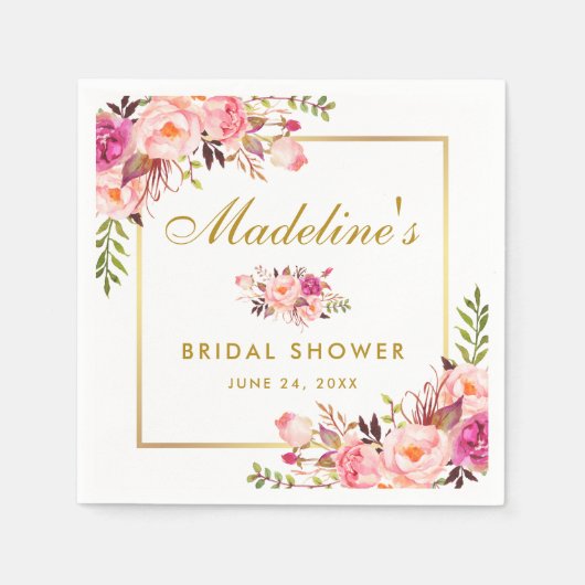 Roze Blush Bloemen Goud Lijst Vrijgezellenfeest Servet (Voorkant)