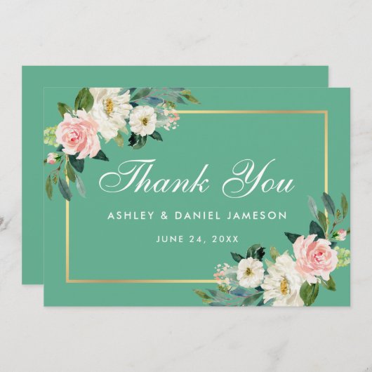 Roze Blush Bloemen Goud Neo Mint Trouwen Bedankt (Voorkant / Achterkant)
