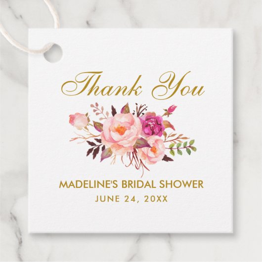 Roze Blush Bloemen Goud Vrijgezellenfeest Dank u Bedankjes Labels (Voorkant)