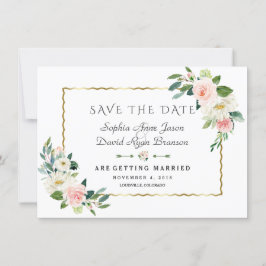 Roze Blush Bloemen Gouden Frame Navy Blauwe Trouw Save The Date