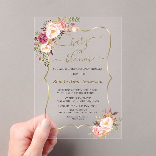 Roze Blush Bloemen Gouden Meisje Baby Shower Acryl Uitnodigingen (Insitu (Draagbaar))