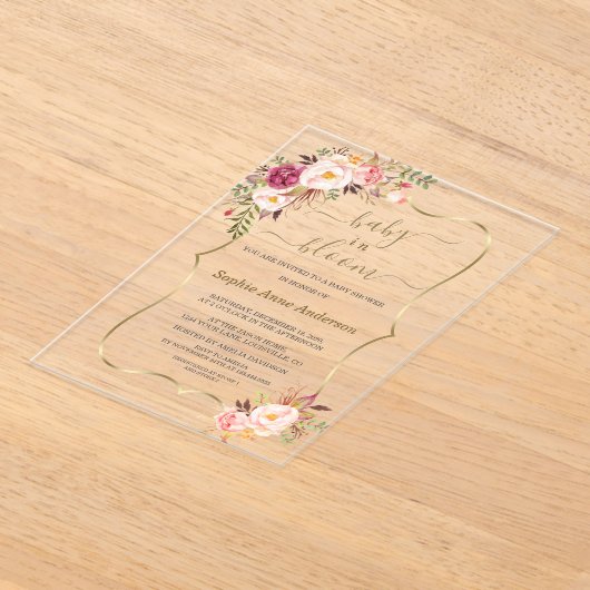 Roze Blush Bloemen Gouden Meisje Baby Shower Acryl Uitnodigingen (Laagn)