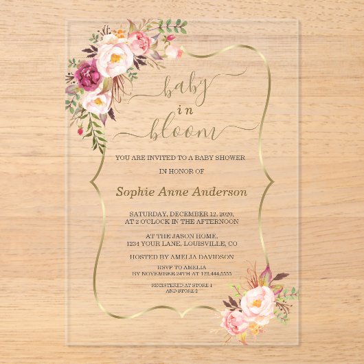 Roze Blush Bloemen Gouden Meisje Baby Shower Acryl Uitnodigingen (Voorkant)