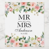 Roze Blush Bloemen Groen Bruiloft Mr en Mrs Wijn Etiket (Enkel label)
