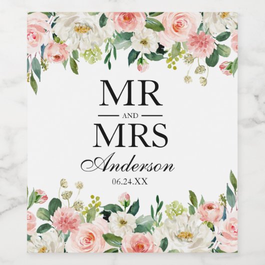 Roze Blush Bloemen Groen Bruiloft Mr en Mrs Wijn Etiket (Enkel label)