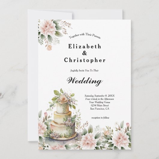Roze Blush Bloemen Groen Bruiloft Taart Bruiloft Kaart (Voorkant)