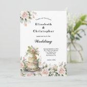 Roze Blush Bloemen Groen Bruiloft Taart Bruiloft Kaart (Staand voorkant)