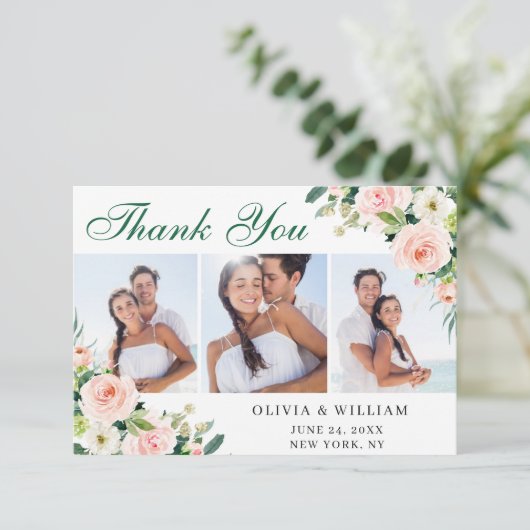 Roze Blush Bloemen Groene Bloemstukken 3 FOTO Bedankkaart (Staand voorkant)