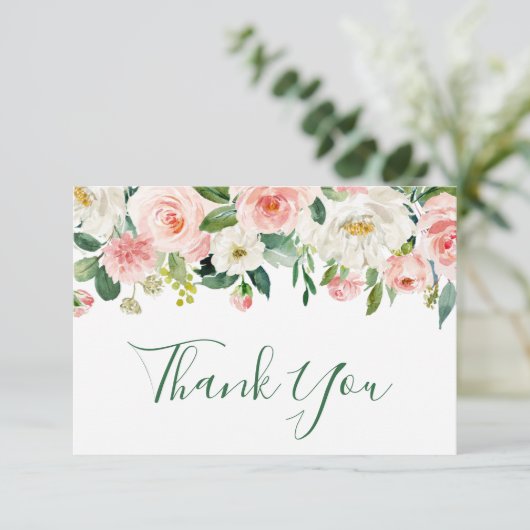 Roze Blush Bloemen Groene Bloemstukken Bedankkaart (Staand voorkant)