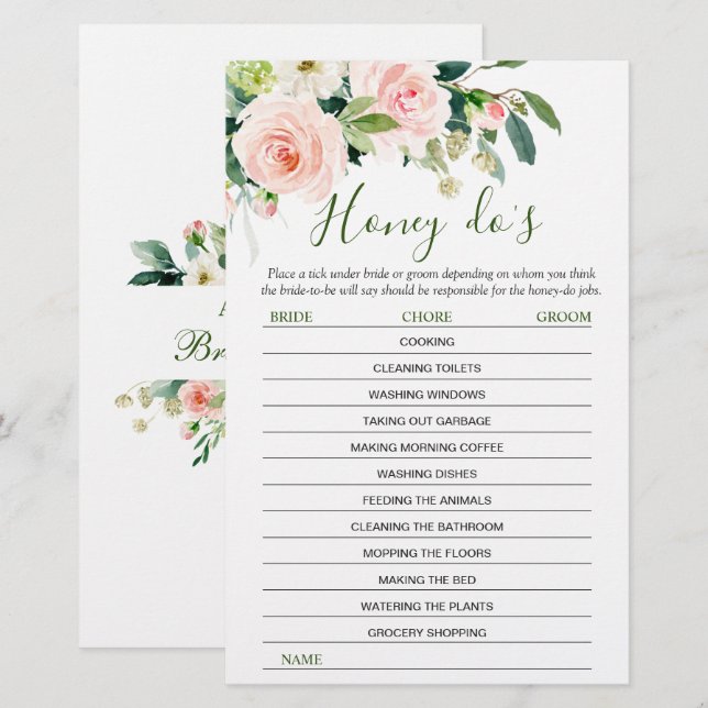 Roze Blush Bloemen Groene Bruidsdouche Spel (Voorkant / Achterkant)