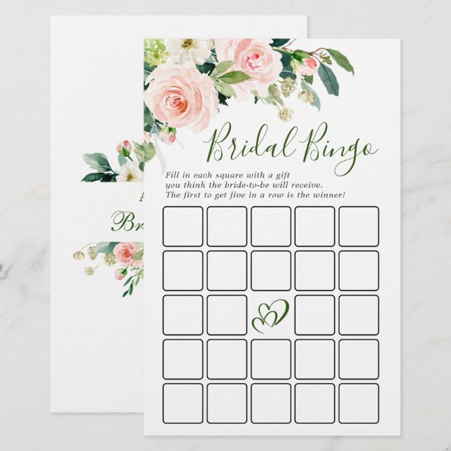 Roze Blush Bloemen Groene Bruiloft Feest Game (Voorkant / Achterkant)