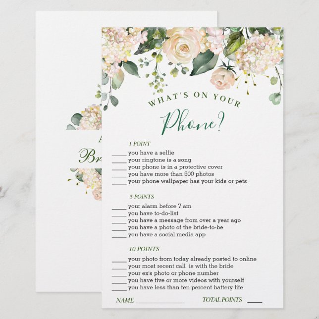 Roze Blush Bloemen Groene Bruiloftsshower Spel (Voorkant / Achterkant)