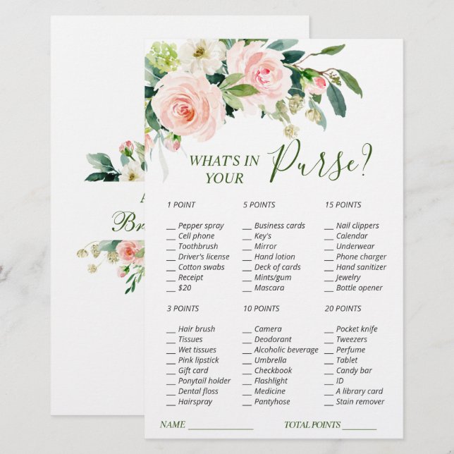 Roze Blush Bloemen Groene Bruiloftsshower Spel (Voorkant / Achterkant)