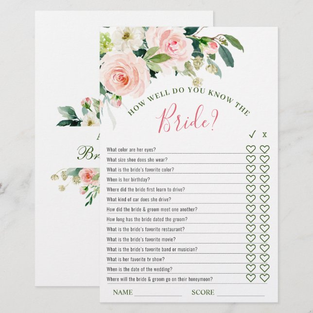 Roze Blush Bloemen Groene Bruiloftsshower Spel (Voorkant / Achterkant)