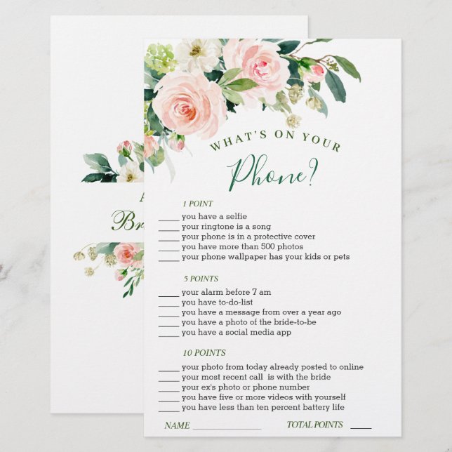 Roze Blush Bloemen Groene Bruiloftsshowerspel (Voorkant / Achterkant)