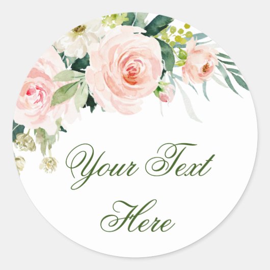Roze Blush Bloemen Groene Florale Aanpassing Ronde Sticker (Voorkant)