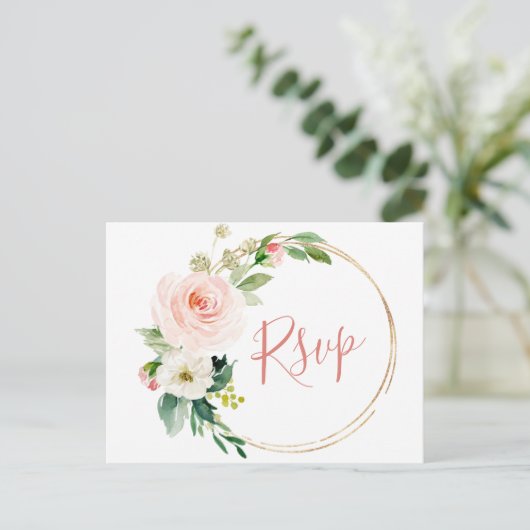 Roze Blush Bloemen Groene Florale Trouw RSVP Briefkaart (Staand voorkant)