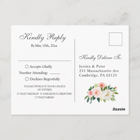 Roze Blush Bloemen Groene Florale Trouw RSVP Briefkaart (Achterkant)